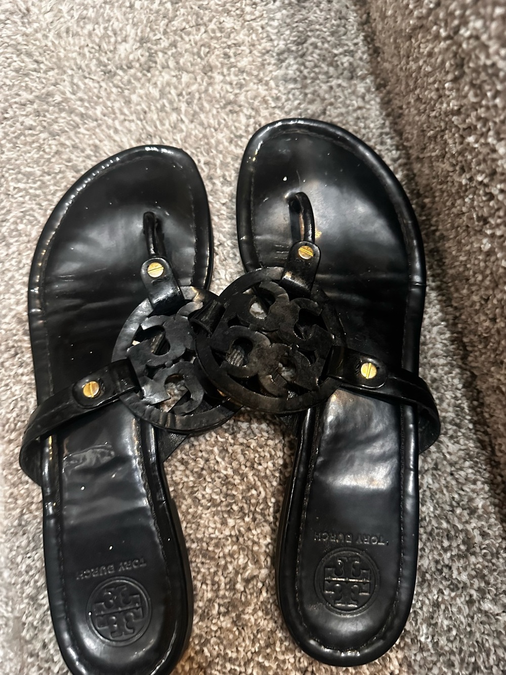 Tory Burch Black Patent Logo-Disc Slide Sandals